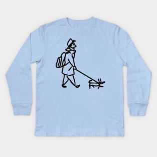 man and dog walking. simple hand drawn sketch. illustration by black liner Kids Long Sleeve T-Shirt